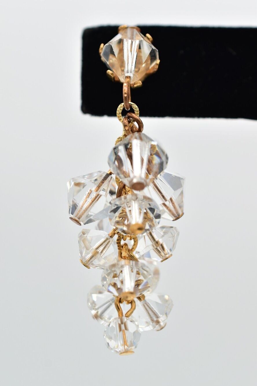 Vintage Clear Austrian Crystal Dangle Cluster Earrings Chain Drop Bridal 50s A24